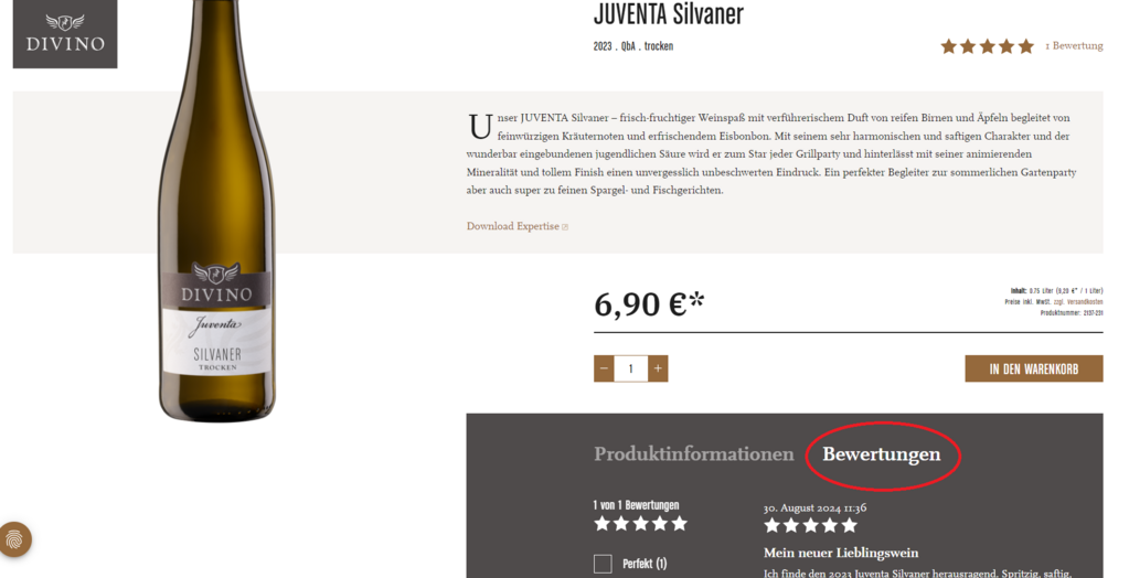 Online-Produktansicht eines Silvaner-Weins von DIVINO mit Preisangabe.
